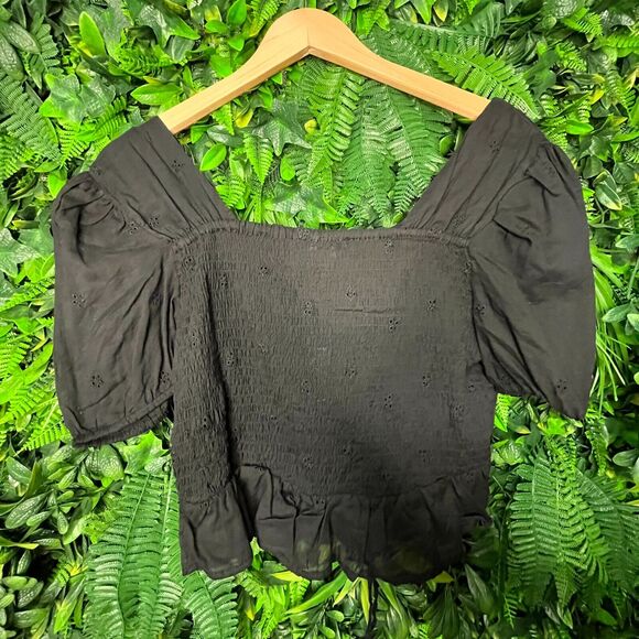 IKY & ME Tops Women Small Black Bohemian Crop Top Embroidery Tie accent 0663 - Picture 9 of 10